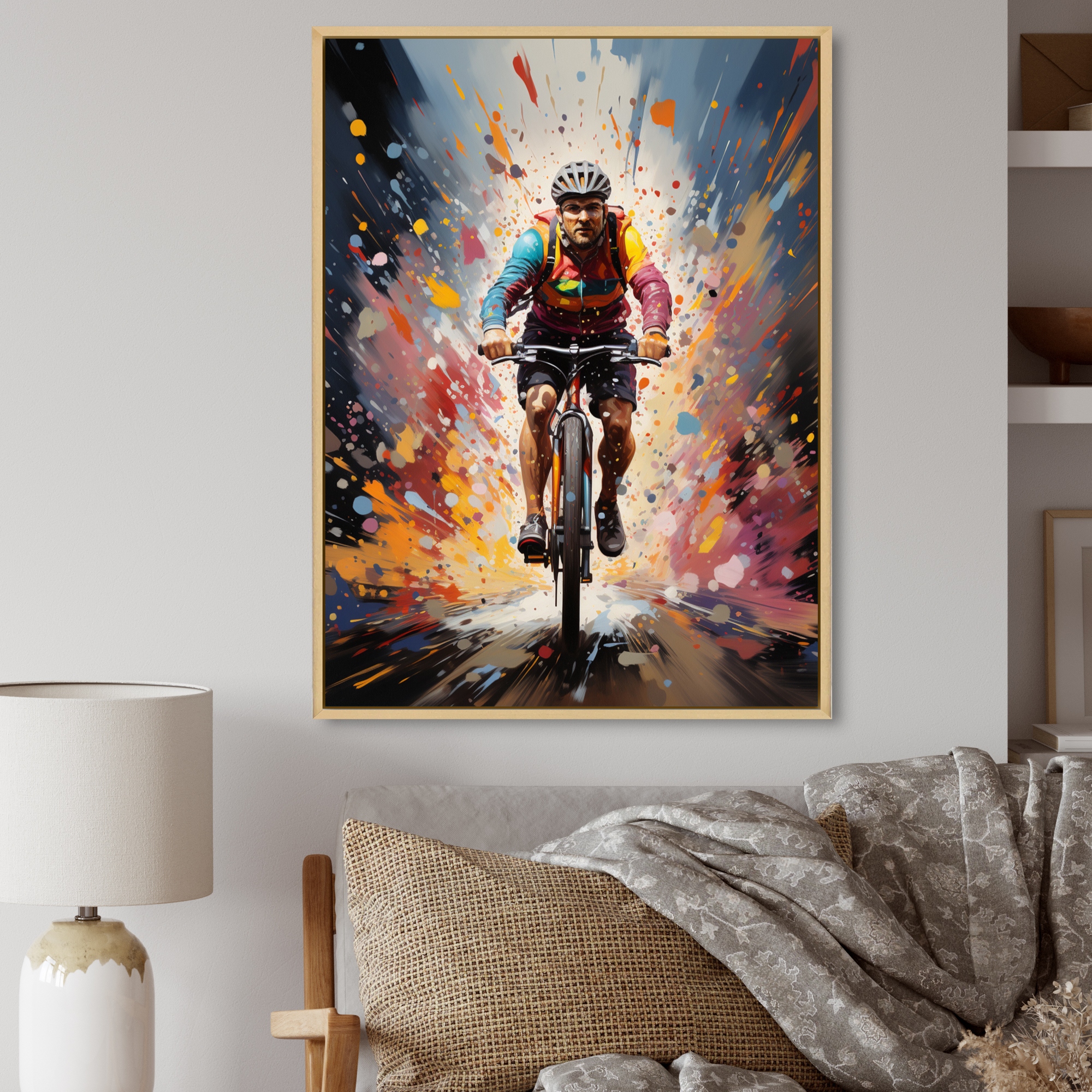 Designart Bicycle Bold Rides Pointillism I Bicycle Framed Canvas Wall Art Gold 34 in. wide x 44 in. high
