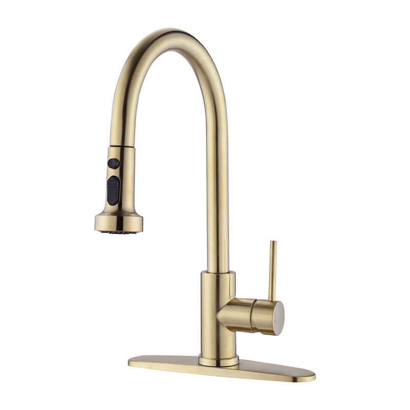 Topcraft Pull Down Single Handle Kitchen Faucet with Baseplate - Brushed Gold