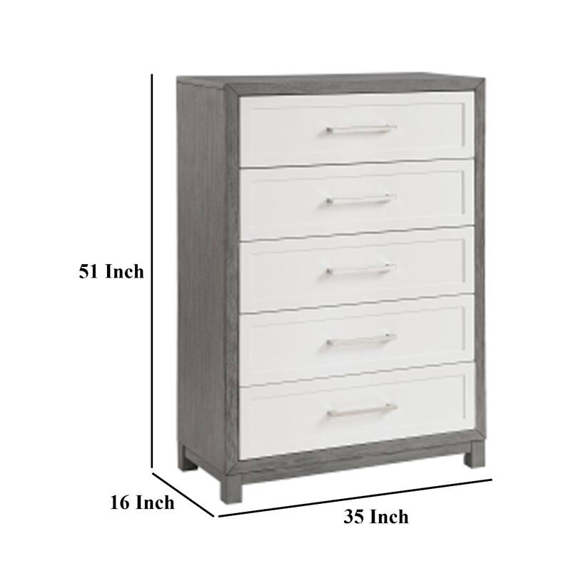 Rowy Tall Dresser Chest, 5 Drawer Bar Handles, Ivory and Gray Veneer