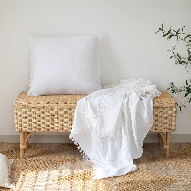 Sevita Solid Turkish Cotton Crinkled Standard Size Throw Blanket with Fringe
