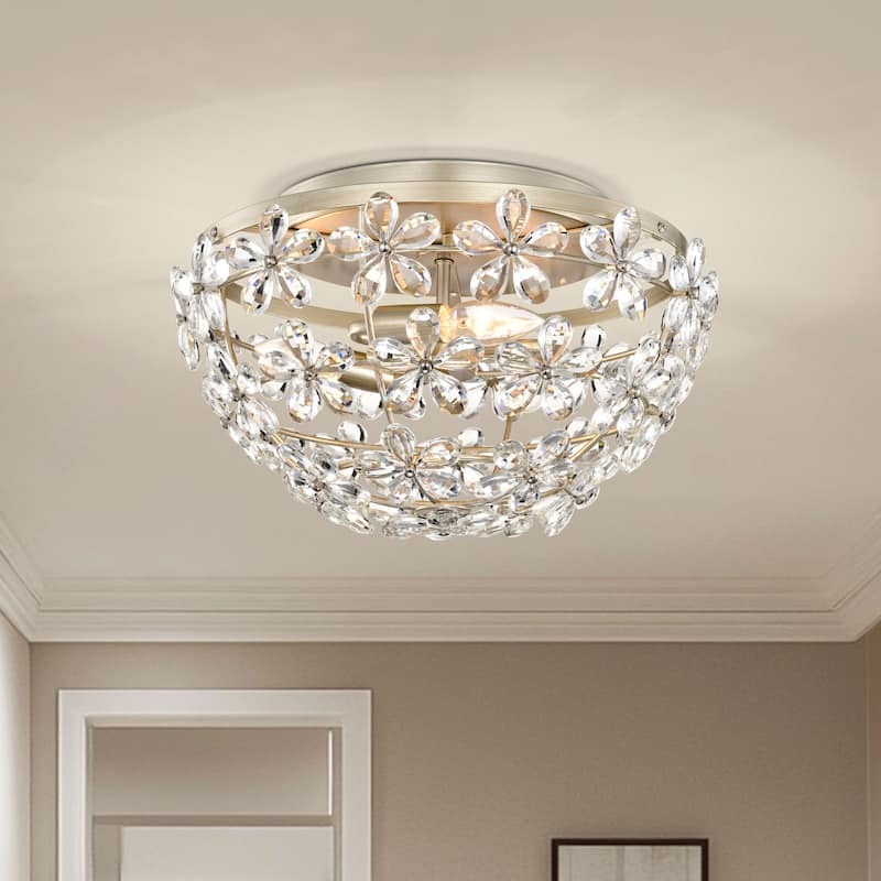 Rosa 3-Light Glam Daisy Flower Crystal Blossom Flush Mount - Brushed Silver-ish Champagne