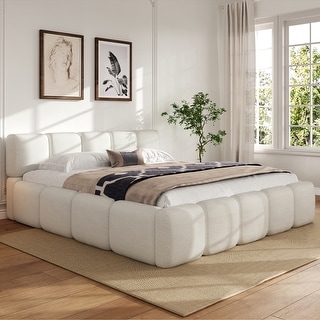 Boucle Upholstered Grounded Beds Block Style Platform Bed - Bed Bath ...