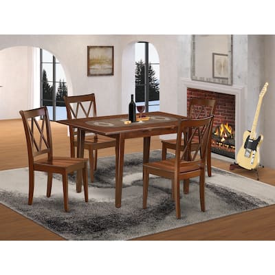 HomeStock 5-Piece Rectangle Mahogany Finish Solid Wood Top Dining Table with 4 Chairs with Cross Back