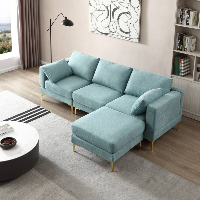 92'' Fabric L-Shape 3-Seater Sofa with Ottoman, Gold Metal Legs, and Toss Pillows