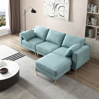 92'' Turquoise L-Shaped 3-Seater Sofa with Ottoman, 2 Pillows, Gold Metal Legs, and Polyester Fabric