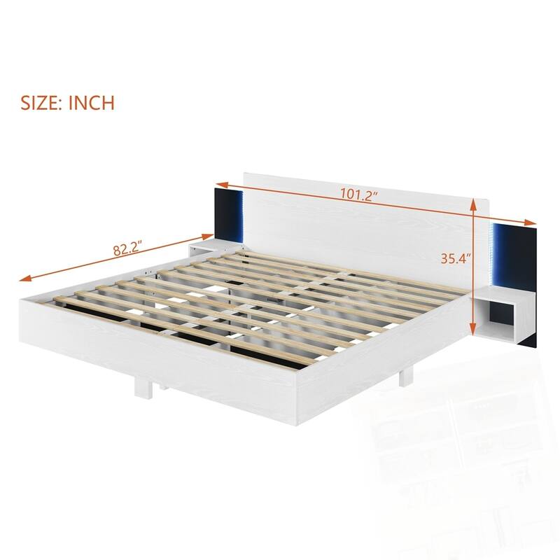 Wooden Floating Platform Bed, with LED Lights and Bedside Nightstand