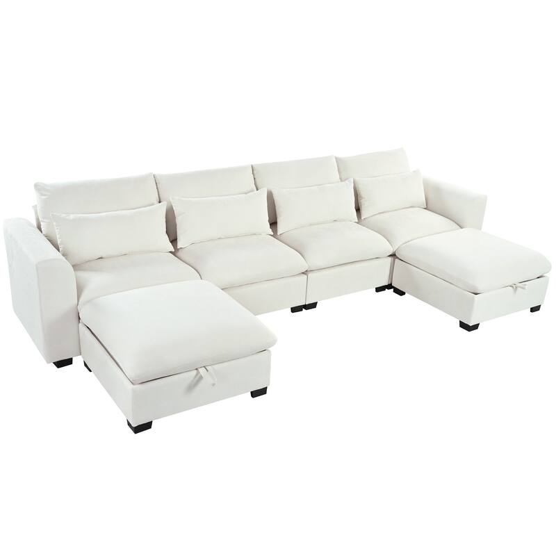 132.3" Linen Blend U-Shaped Modular Sectional Sofa with 2 Ottomans, Transformable Design and Hidden Storage