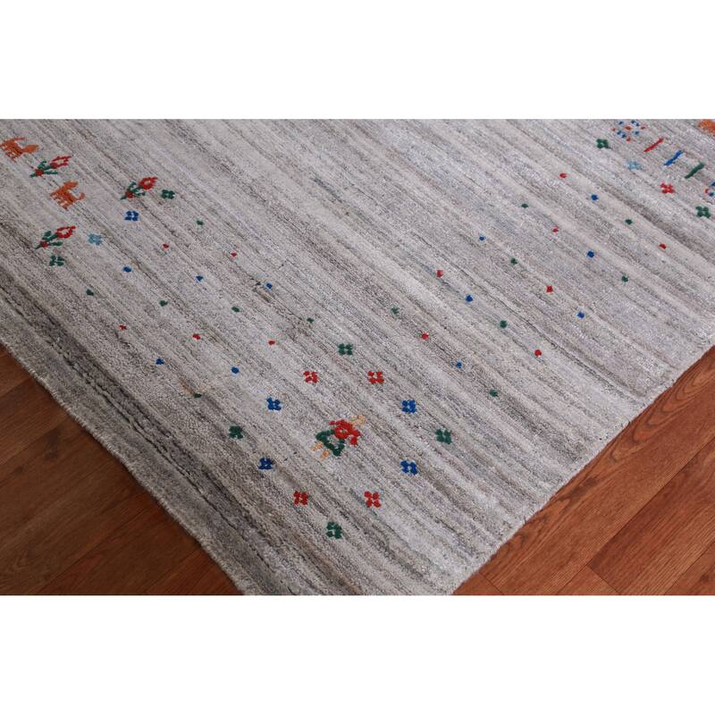 Hand Knotted Oriental Viscose Silk Carpet Tribal Stripe Greys & Charcoal Gabbeh Area Rug - 9' 11'' X 7' 10''