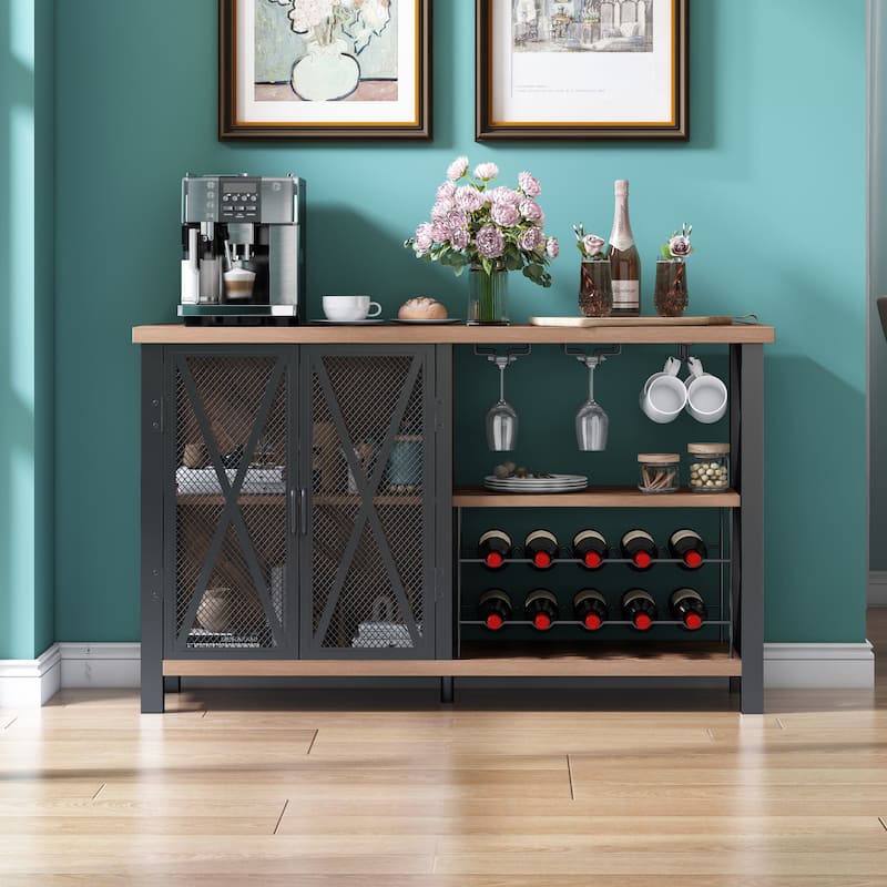 Myhozm Buffet Bar Cabinet with Wine Rack, Modern Buffet/Sideboard Wine Bar Dining Server, Grey/Brown