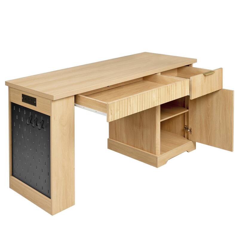 Wooden Executive Desk with Storage, Workstation Home Office Desk Computer Desk with Power Outlet, Pegboard and Keyboard Tray