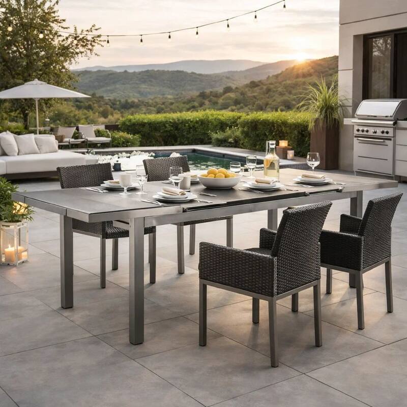 Kylo 90 Inch Extendable Dining Table, Smooth Gray Aluminum Frame, Outdoor