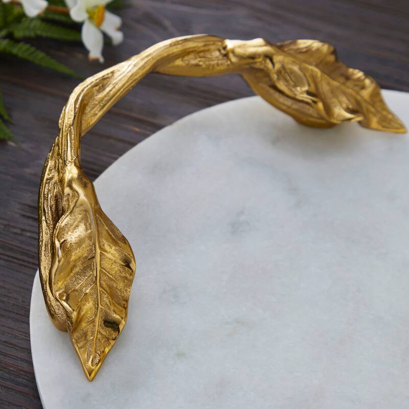White Marble Oval or Rectangular Tray with Gold Twisted Leaf Handles
