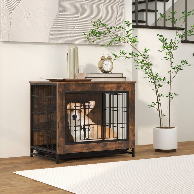 Dog Crate Furniture with Double Lockable Doors and Easy Clean Tray - S