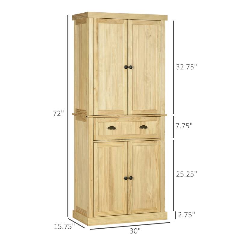 HOMCOM 72" Pinewood Large Kitchen Pantry Storage Cabinet, Freestanding Cabinet with Shelf Adjustability, Soft-Close Mechanism