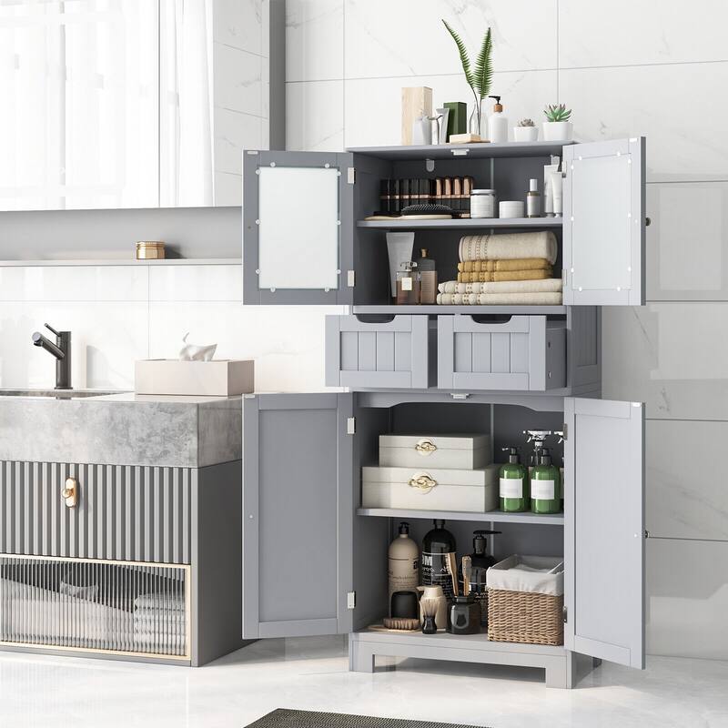 Floor Storage Cabinet with Glass Doors for Bathroom Kitchen or Entryway - 23.5" x 12" x 50.5"