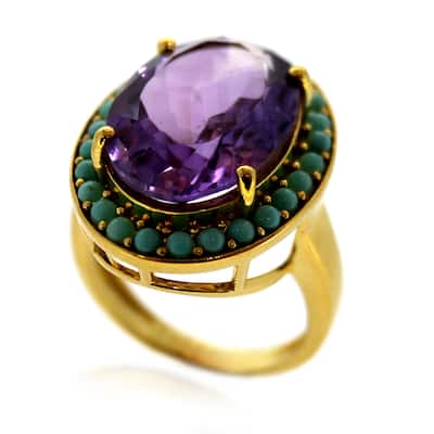 18K Yellow Gold Over Sterling Silver African Amethyst, Campitos Turquoise Ring