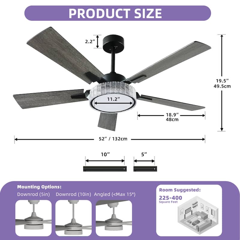 Moasis 52 Inch Crystal Ceiling Fans with Lights and Remote Control - 52 Inches