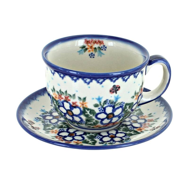 Blue Rose Polish Pottery 33 Vena Cup & Saucer