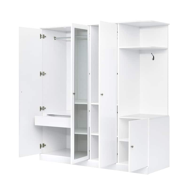 Modern Freestanding Wardrobe Closet With Storage Shelves and Full-Length Mirror