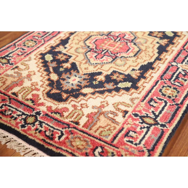 Hand Knotted Oriental 100% Wool Carpet Traditional Medallion Navy Blue & Blues Heriz (serapi) Area Rug - 3' 0'' X 2' 0''