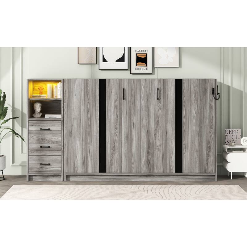 Twin Size Murphy Bed with LED Lights & Storage Drawers - Folds into Cabinet, Space-Saving Wall Bed