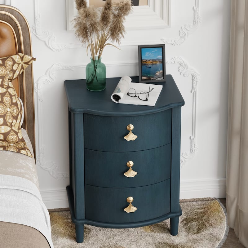 COZAYH Elegant 3-Drawer Nightstand with Gold Leaf Handles, Vintage Curved Front Design, Distressed Finish