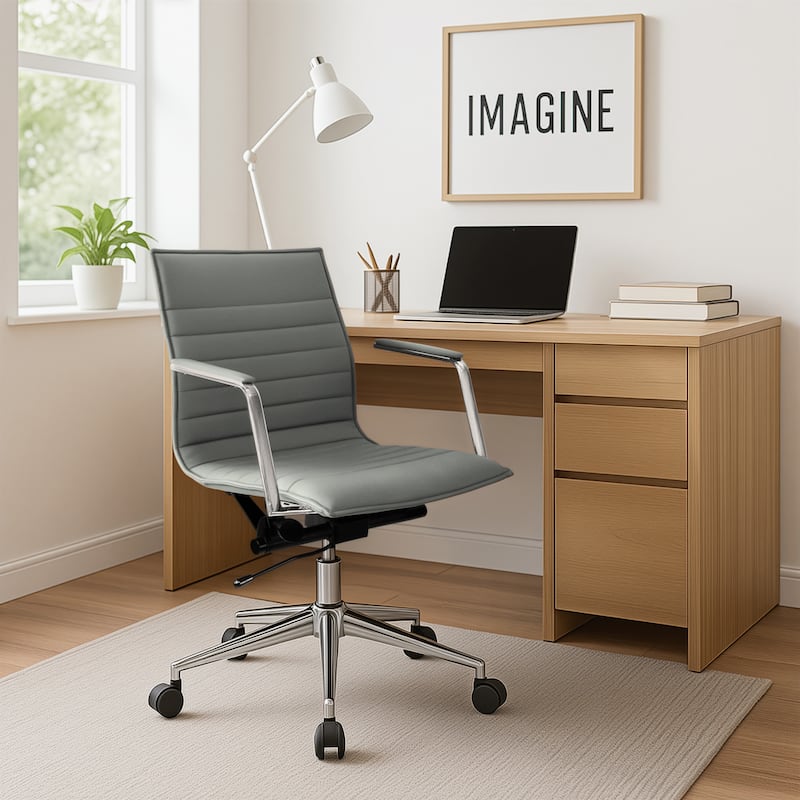 Modern Office Desk Chair | Upholstered PU Leather Ribbed Mid Back with Metal Frame | Adjustable Height, Tilt Lock