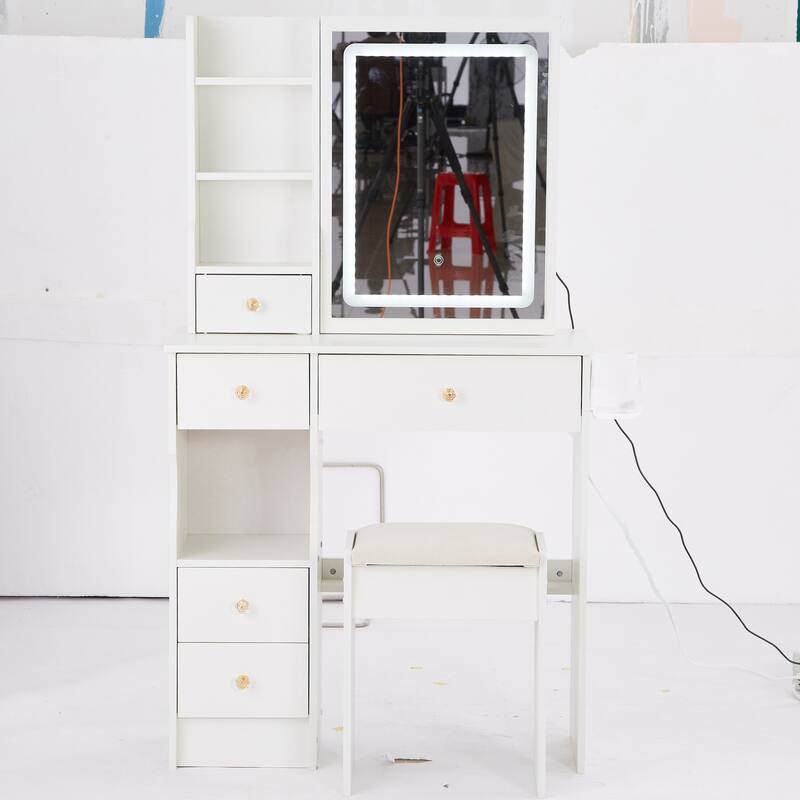 29.2" Small Size Left Drawer Desktop Vanity Table + Cushioned Stool, 2 AC+2 USB Power Station, Hair dryer bracket