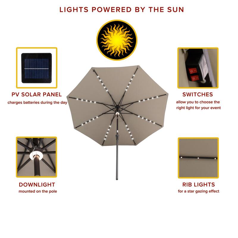 FLAME&SHADE 9 ft Solar Powered Market Patio Umbrella with LED Lights