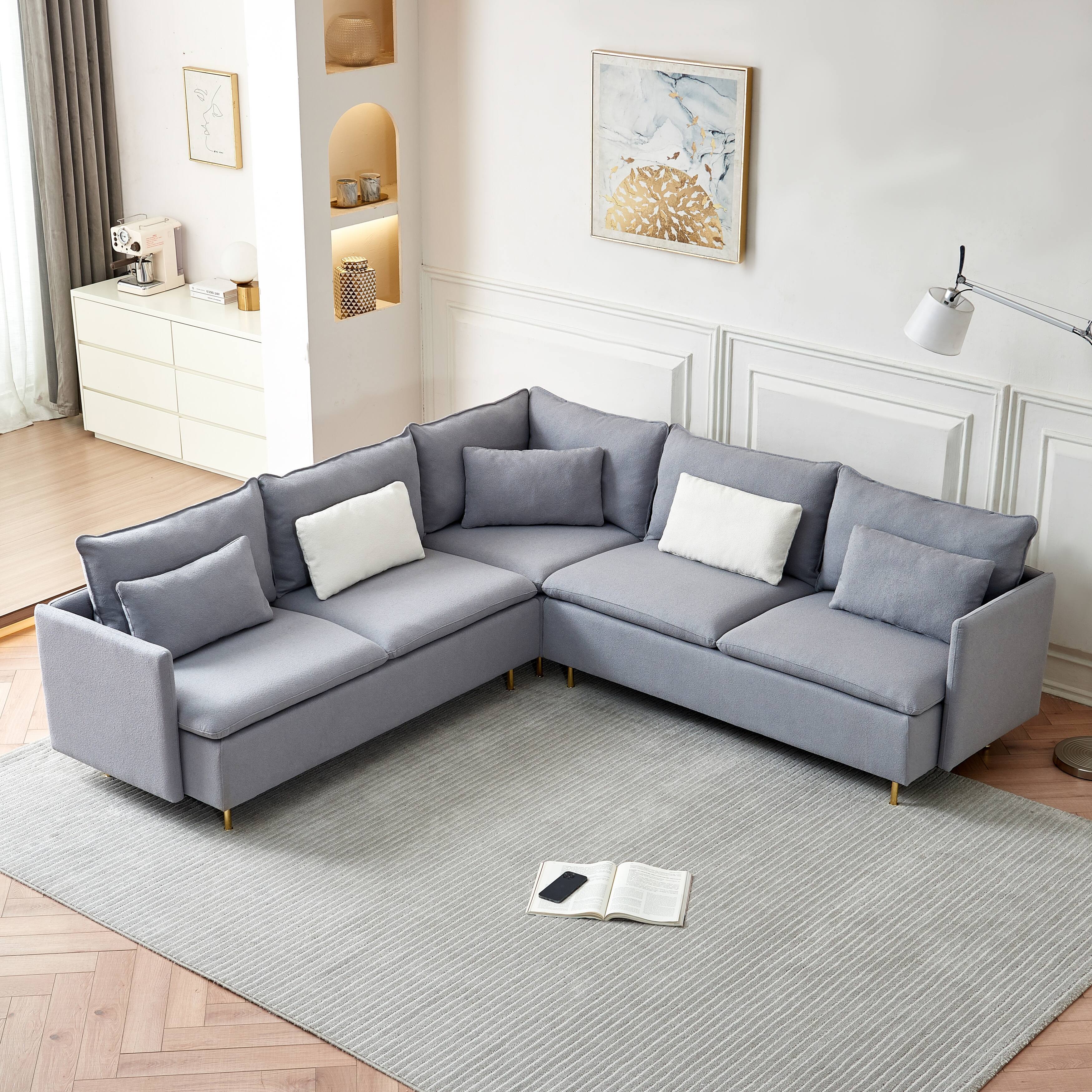 Minimalist Lshaped Gray Teddy Fabric Corner Sofa Solid Wood Frame