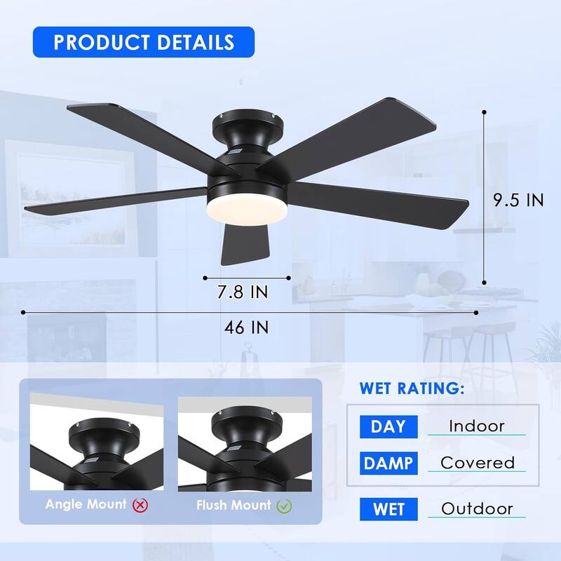 46 Inch Flush Mount Ceiling Fan with Light 5 Reversible Dual Side Blades for Bedroom,Living Room,Patio - 46 Inches