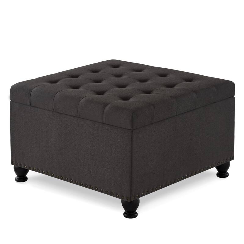 Large square storage ottoman with wooden legs, Upholstered button tufted coffee table with nail trims,Linen