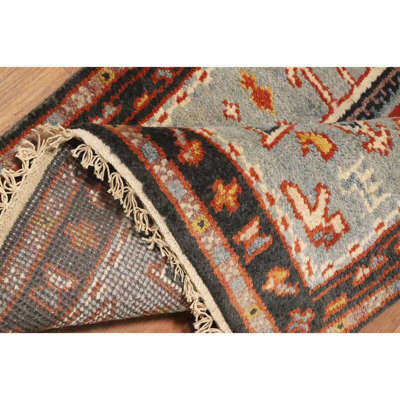 Hand Knotted Oriental 100% Wool Carpet Traditional Geometric Navy Blue & Blues Kazak Runner Rug - 10' 3'' X 2' 6''