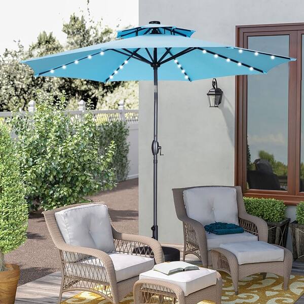 slide 2 of 24, Ainfox 9ft Patio Umbrella with Lights 2-Tier Outdoor Umbrella with Base Blue