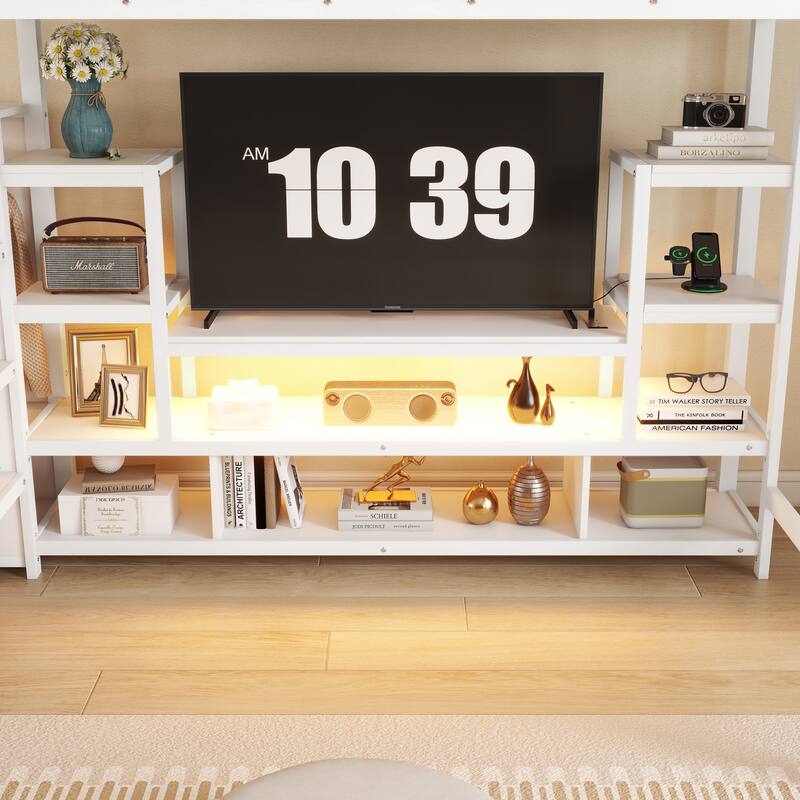 Full Size High Metal Loft Bed Frame with Entertainment TV Stand, Shelves, LED Light Strip, Charging Station, Staircase Wardrobe