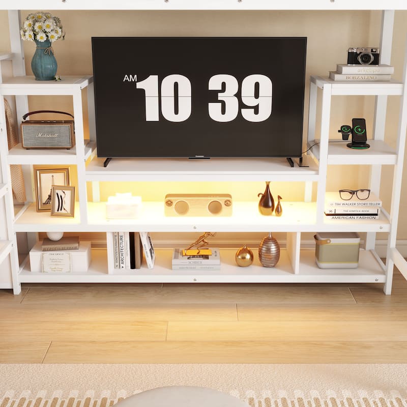 GDF Studio - Hawthorne Loft Bed with TV Cabinet, Staircase, Wardrobe, and LED Light (Full Size)