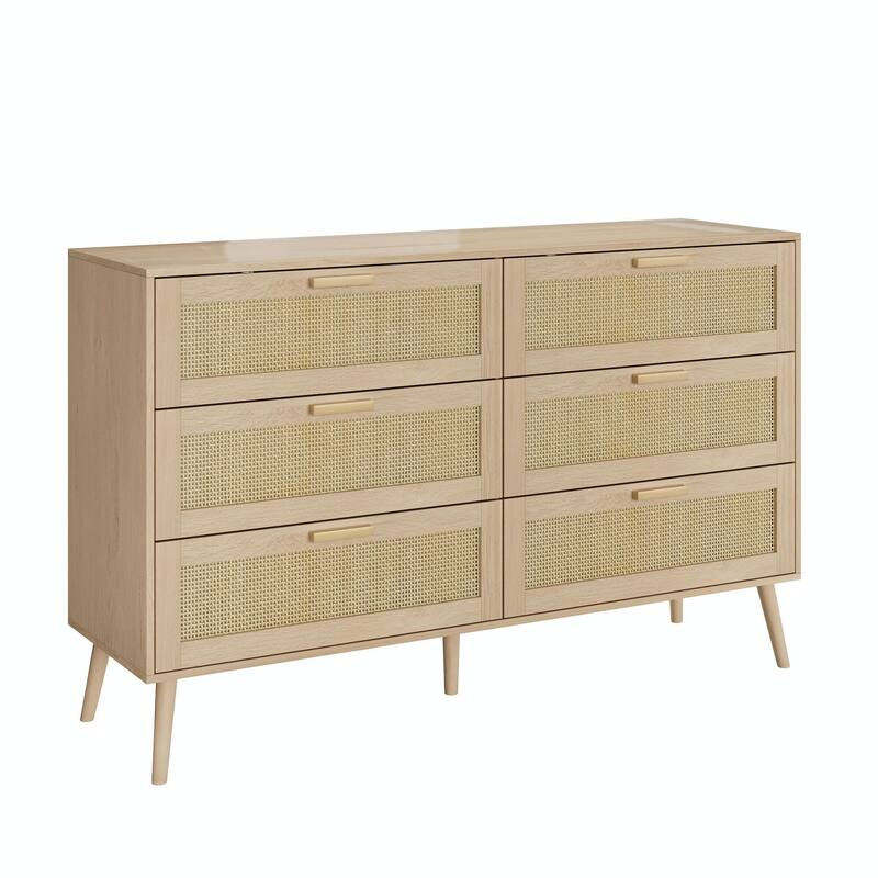Modern Rattan 6-Drawer Dresser with Gold Handles
