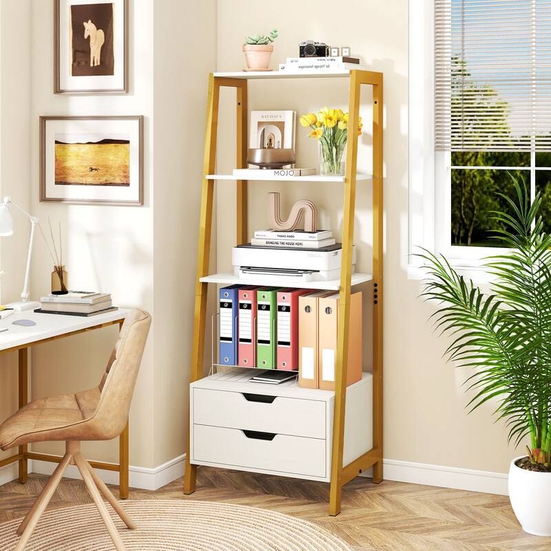 Gymax 4-tier Bookshelf w/ 2 Storage Drawers Sturdy Metal Frame