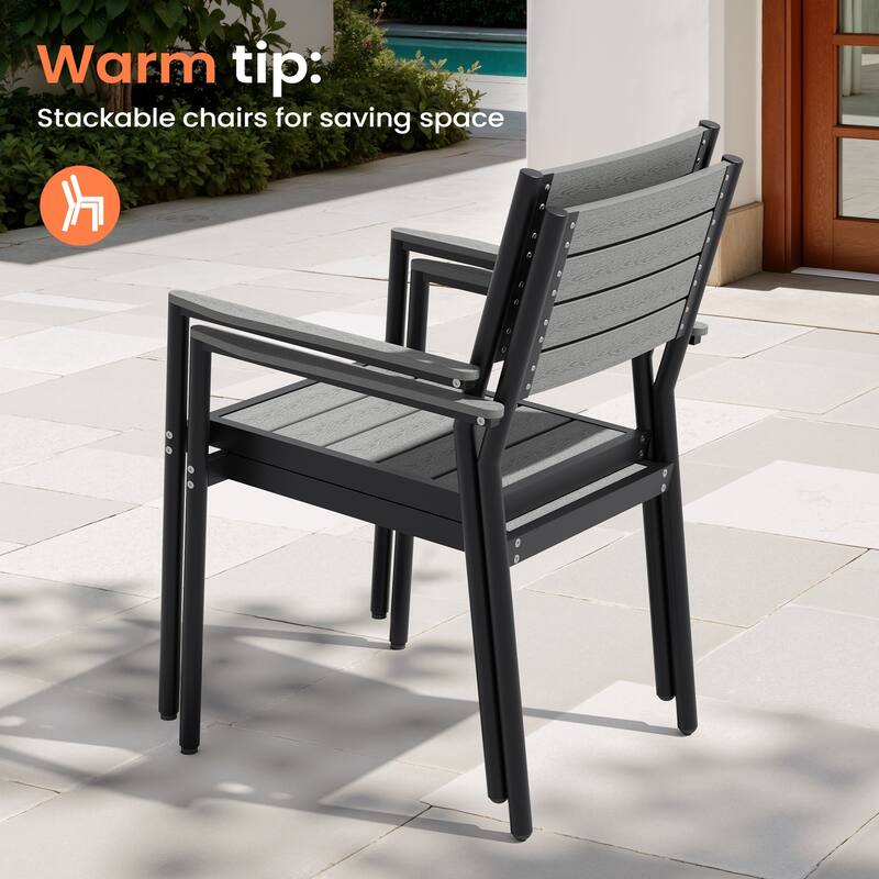 9PC Outdoor Patio Dining Set Aluminum Table with Stackable Armchairs w/ Market Umbrella Set