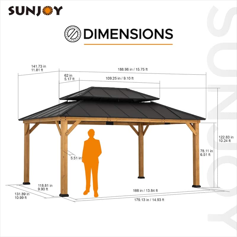 Sunjoy Outdoor Cedar Wood Frame Patio Gazebo Steel Hardtop