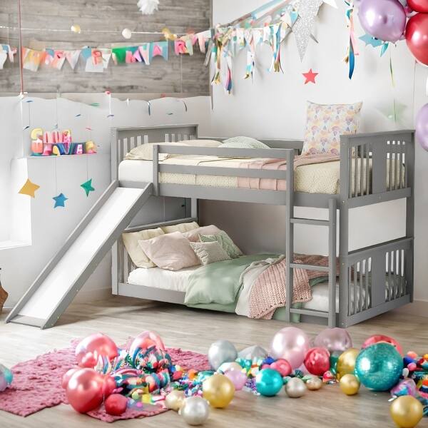 slide 2 of 27, House Shape Design Twin Over Twin Bunk Bed with Slide and Ladder Grey