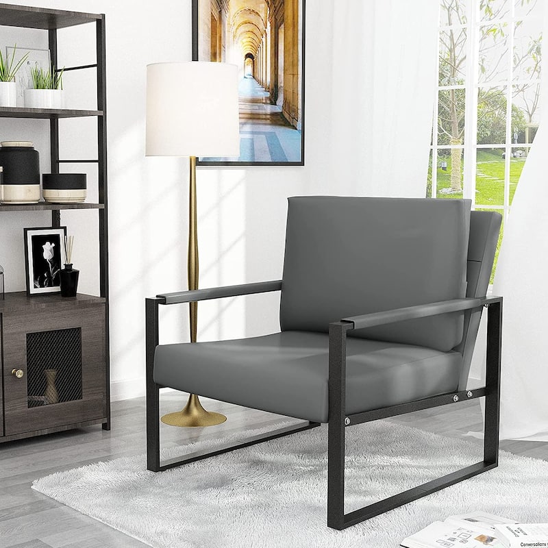 Mieres Mid-Century Style Faux Leather PU Accent Chair, Armchair with Steel Frame