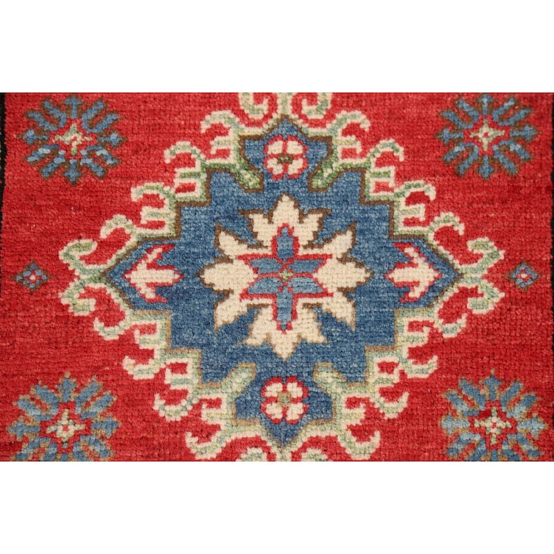 Red Geometric Kazak Oriental Foyer Rug Hand-Knotted Wool Carpet - 1'11" x 3'1"