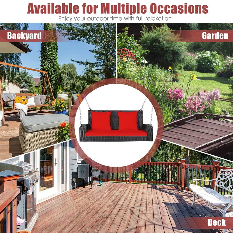 Costway 2-Person Patio Rattan Hanging Porch Swing Bench Chair Cushion