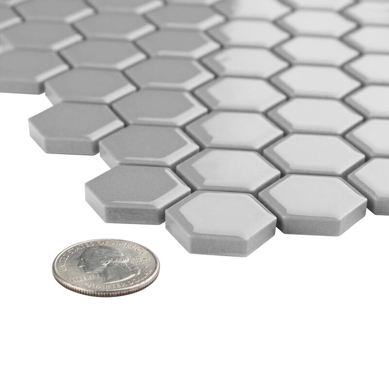 Merola Tile Metro 1" Hex Glossy Light Grey 10-1/4" x 11-7/8" Porcelain Floor and Wall Tile