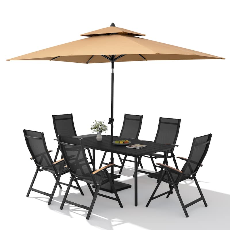 9PC Outdoor Patio Dining Set Aluminum Table with Folding Armchairs w/ Market Umbrella Sets