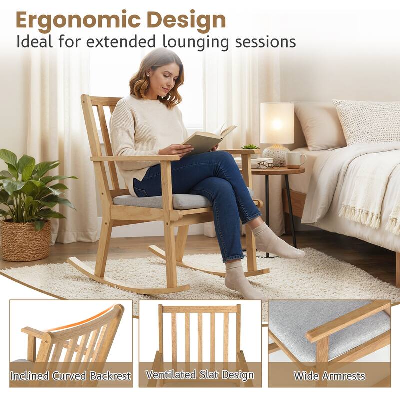 Gymax 2PCS Wooden Rocking Chair w/Removable Cushion & Ergonomic