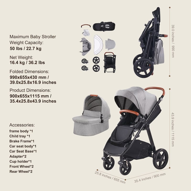Oxford Aluminum Stroller with Bassinet and Adjustable Canopy - 35.4” L x 25.8” W x 43.9” H