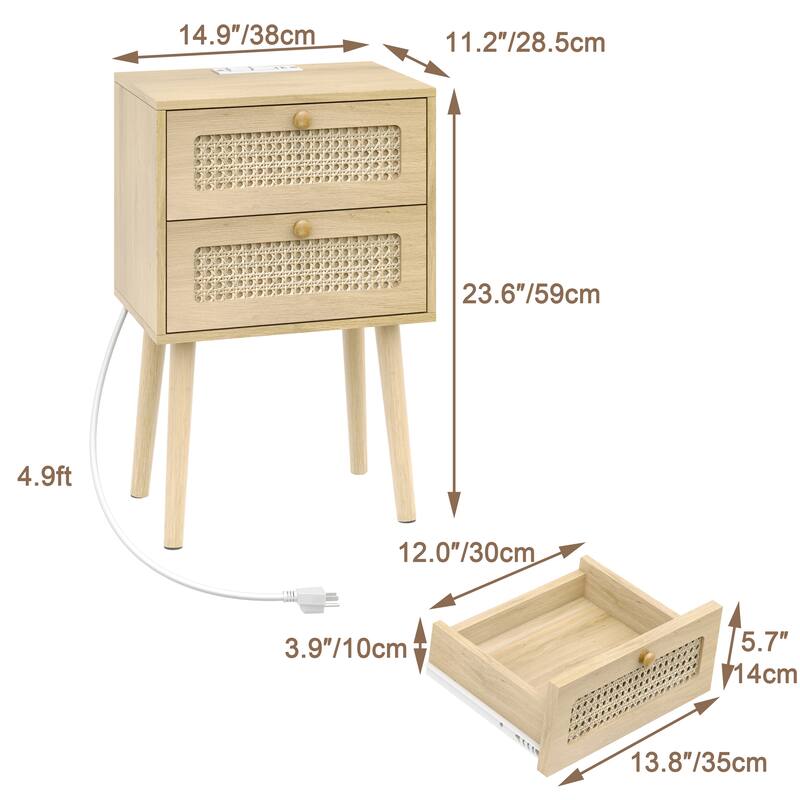 White 2-Drawer Nightstand with USB Charging Ports and Open Shelf