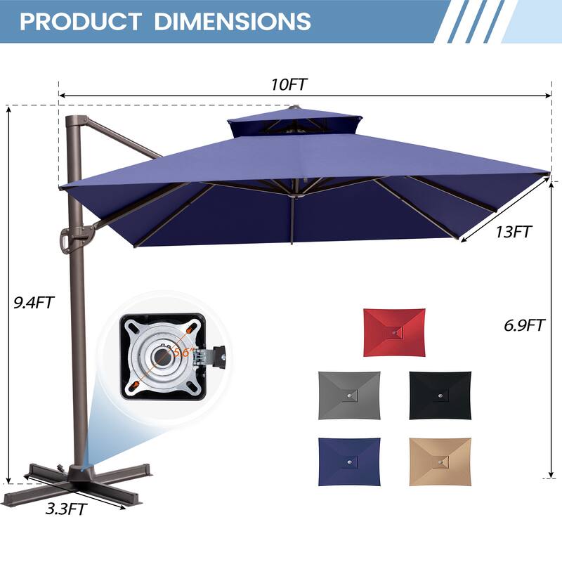 10 x 13 Feet Double Top Rectangular Patio Offset Cantilever Umbrella Aluminum with Crank
